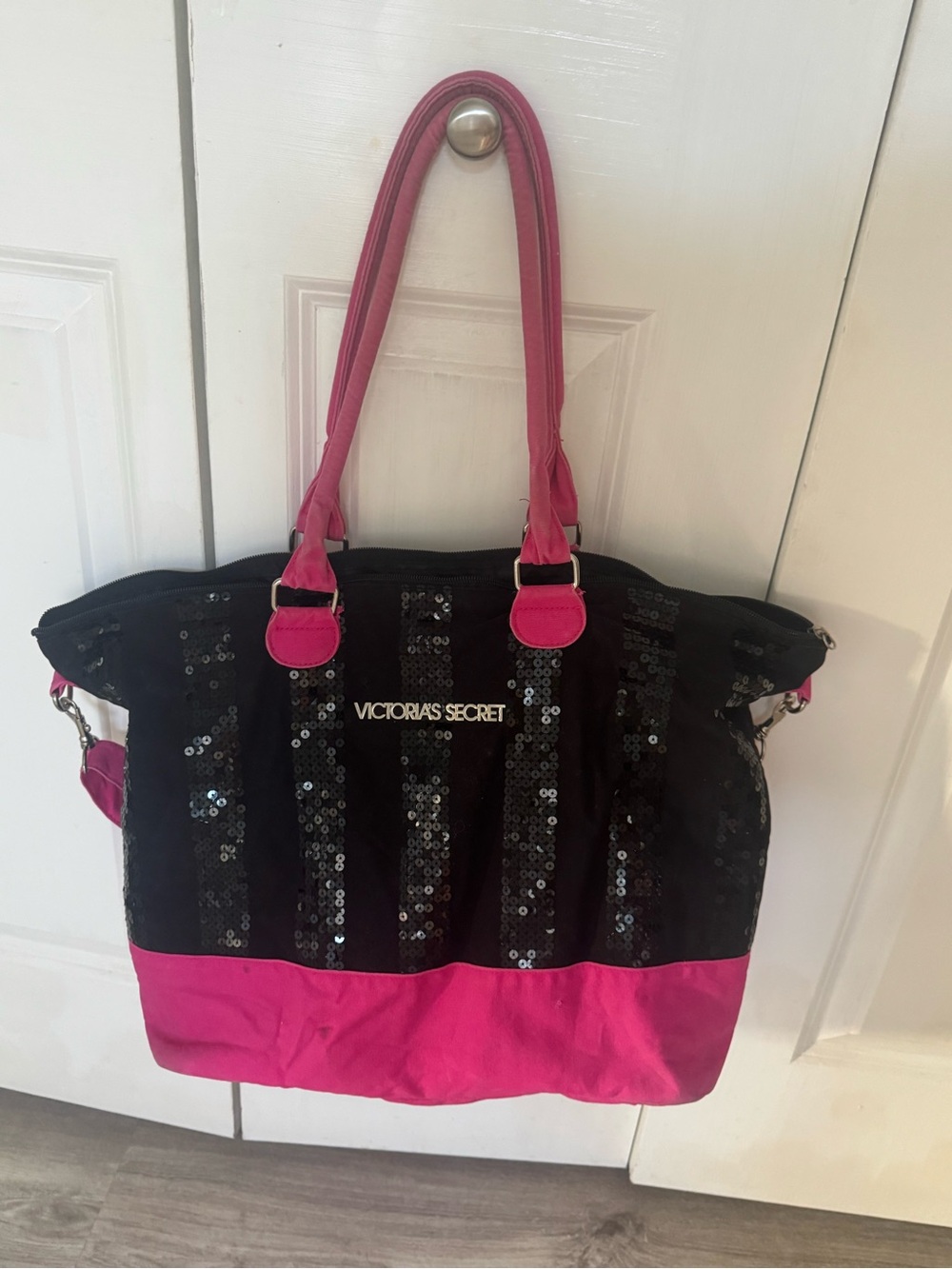 Victoria's Secret Black & Hot Pink Sequin Tote Bag